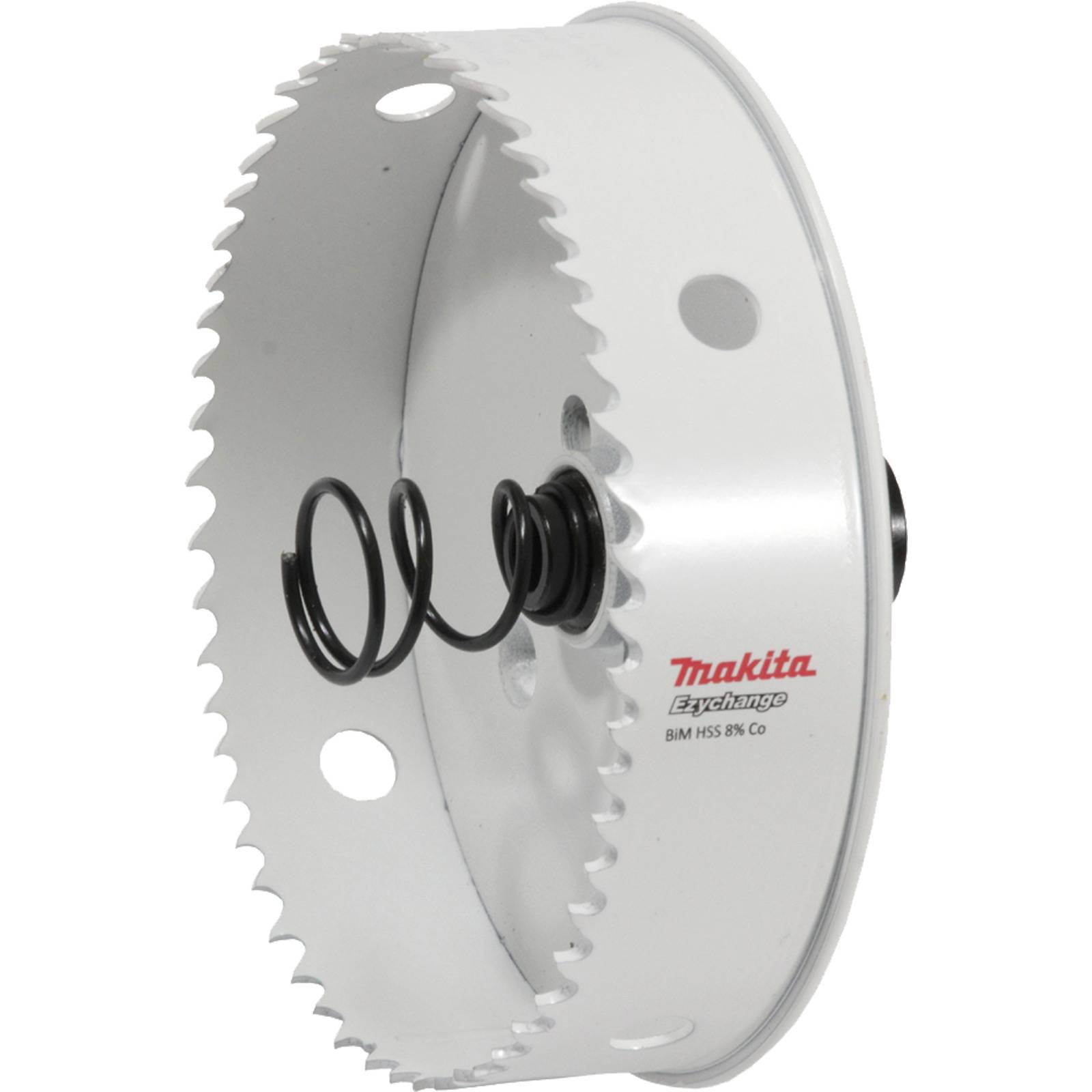Ein weißer kreisförmiger Lochsäger mit gezackten Kanten und einer schwarzen Spiralfeder, mit der Marke „Makita