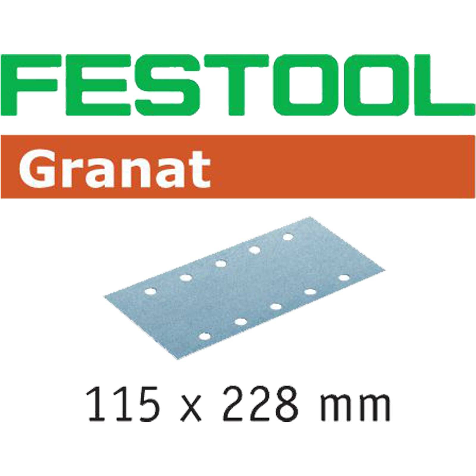 Schleifblatt mit acht Löchern, Marke Festool Granat, Größe 115 x 228 mm.