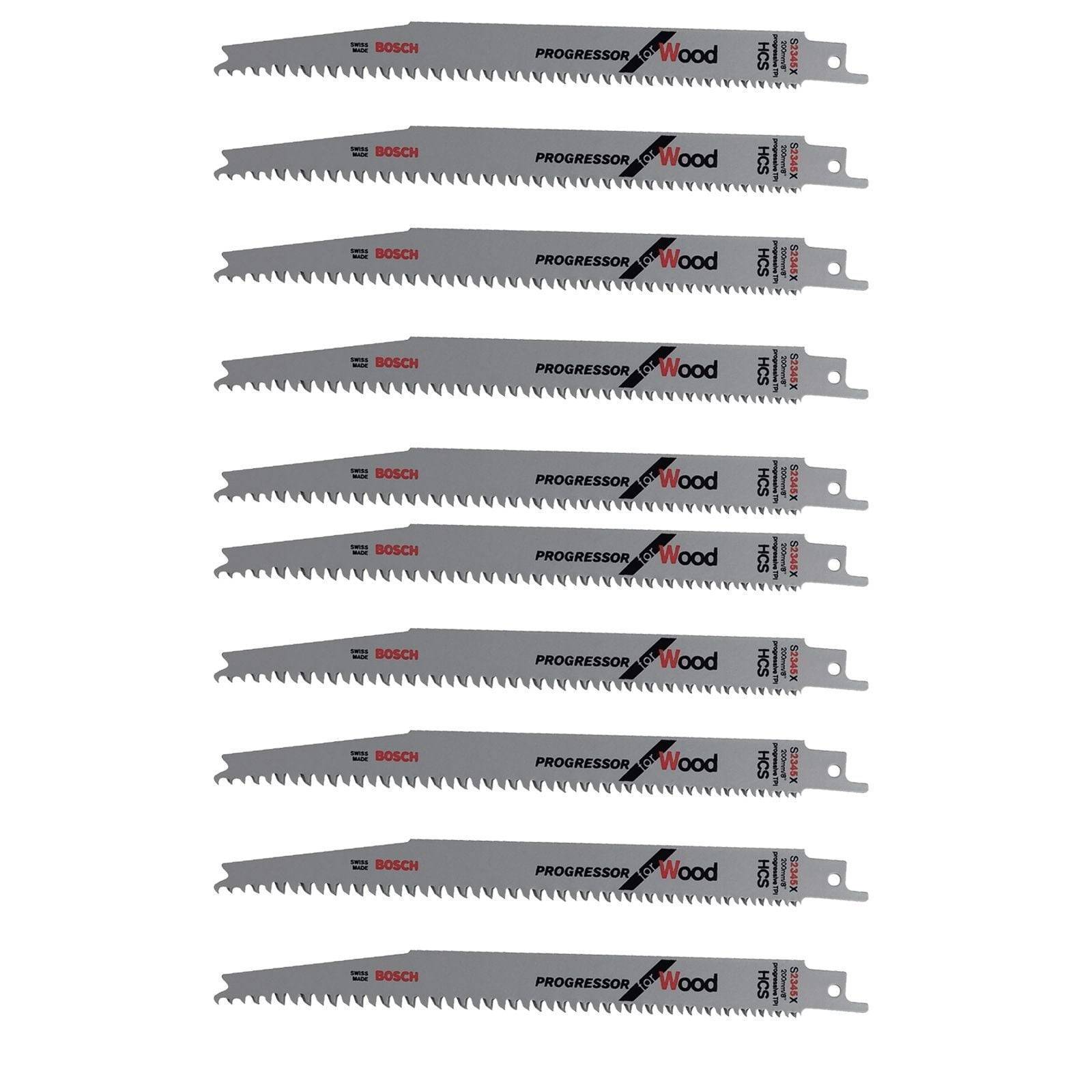 Ten Bosch Progressor-Sägeblätter für Holz, vertikal in zwei Spalten angeordnet. Jedes Blatt verfügt über eine gezahnte Kante zum Schneiden.