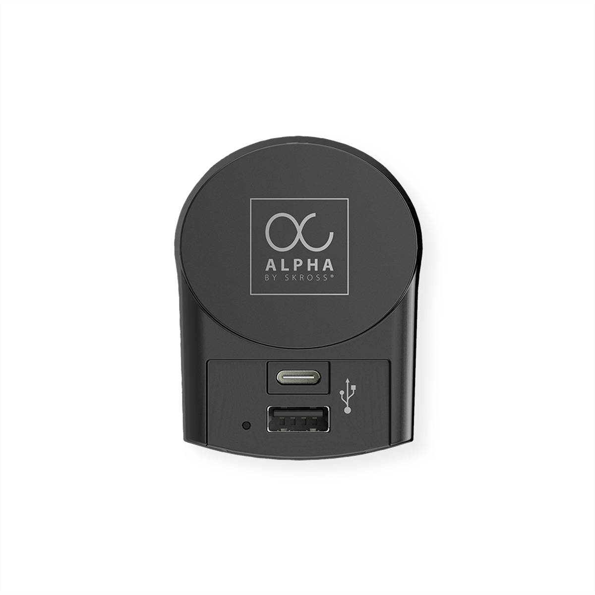 Ein schwarzer Reiseadapter mit USB-Anschluss, mit der Markenbezeichnung 