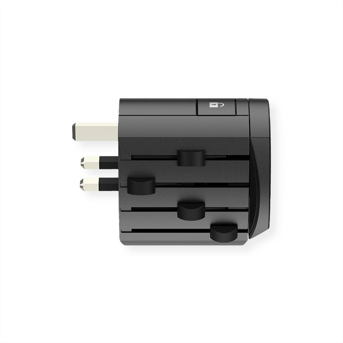 Ein schwarzer universeller Reiseadapter mit mehreren ausgefahrenen Steckkonfigurationen, konzipiert für die Kompatibilität mit verschiedenen internationalen Steckdosen.