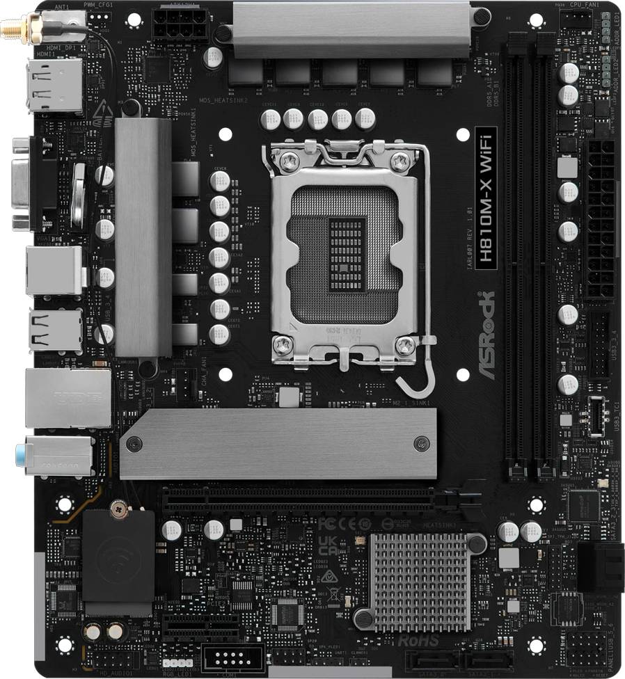 Eine Hauptplatine eines Computers mit der Bezeichnung 'ASRock H510M-HDV/M.2' mit sichtbarem CPU-Sockel, RAM-Steckplätzen, PCIe-Steckplätzen und verschiedenen Anschlüssen an den Seiten.