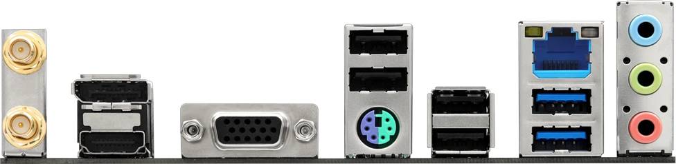 Rückseite eines Computermotherboards mit VGA-Anschluss, zwei USB-Anschlüssen und einem PS/2-Anschluss für Tastatur- oder Mausverbindung.