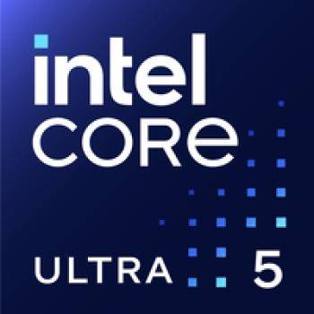 Intel Core Ultra 5 Logo auf einem dunkelblauen Hintergrund, mit pixelartigen Quadraten, die fortschrittliche Technologie und Rechenleistung symbolisieren.