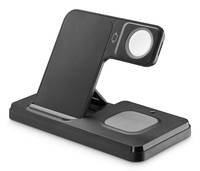 Eine schwarze Multi-Geräte-Ladestation mit Ständern für ein Smartphone, eine Smartwatch und ein kabelloses Etui für Ohrhörer auf einer eleganten Basis.