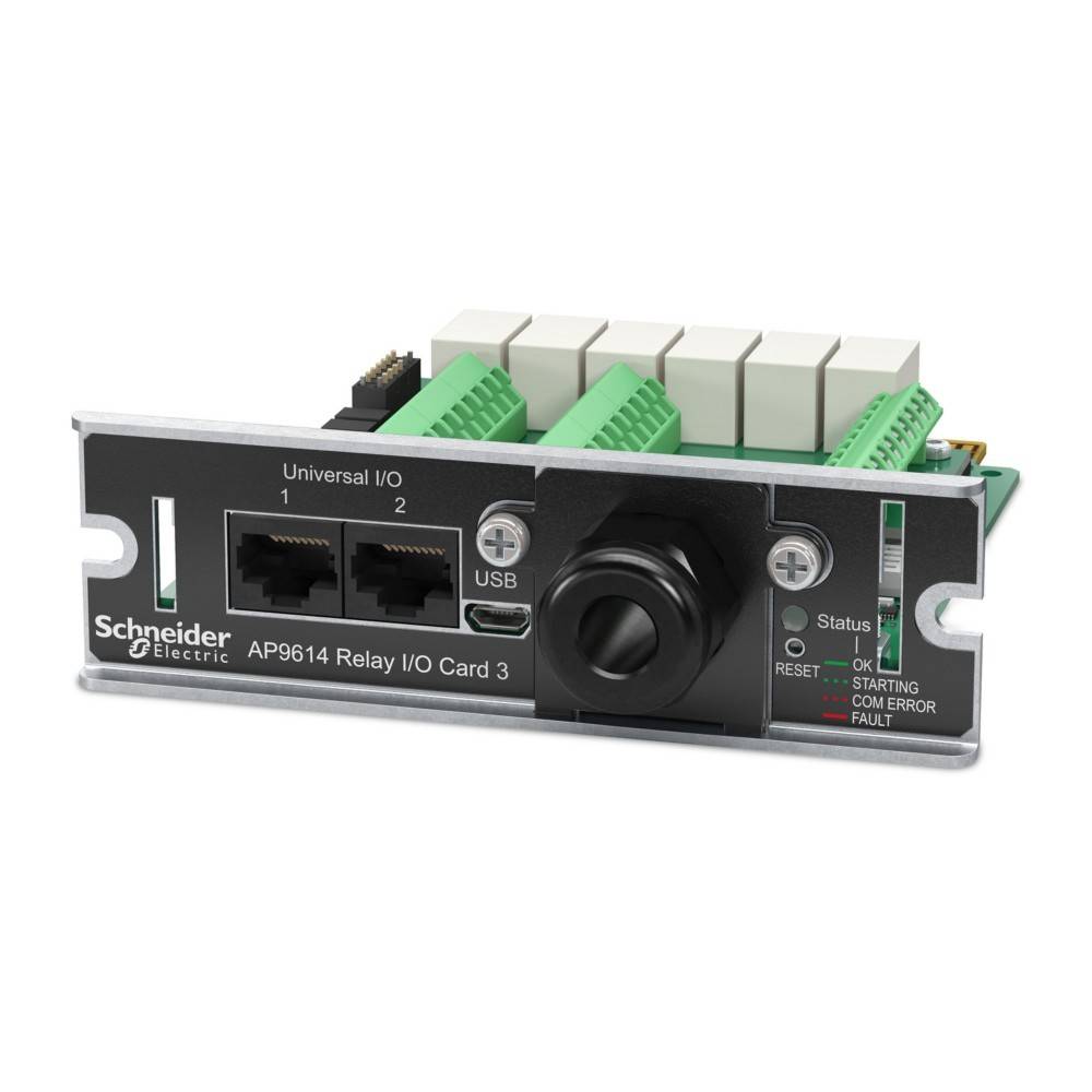 Schneider Electric AP9614 Relay I/O Karte 3' mit zwei Netzwerkports, einem USB-Port und Statusindikatoren. Konzipiert für Integration und Steuerung.