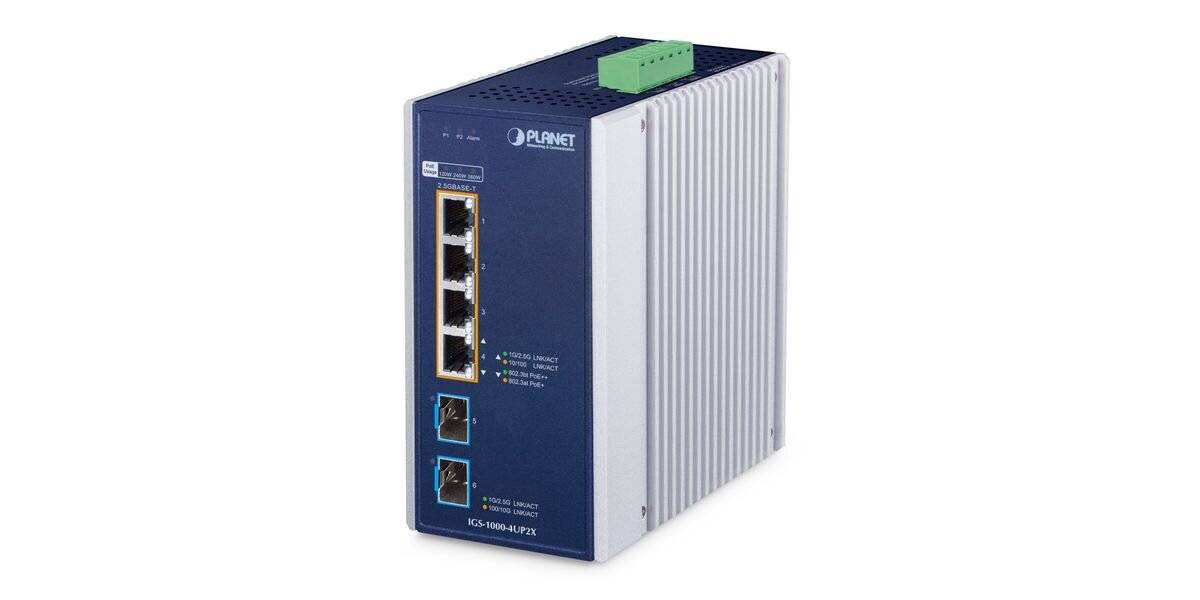 Industrie-Ethernet-Schalter mit vier RJ45-Anschlüssen und zwei Glasfaseranschlüssen in einem blau-silbernen Metallgehäuse.