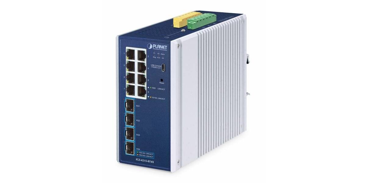 Industrieller Netzwerk-Switch mit acht Ethernet-Anschlüssen und zwei Glasfaser-Uplink-Anschlüssen in einem Metallgehäuse