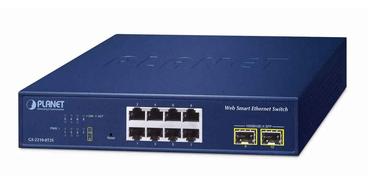 Vorderansicht eines blauen PLANET Web Smart Ethernet-Switches mit 8 RJ45-Anschlüssen und 2 SFP-Anschlüssen, LEDs auf der linken Seite.