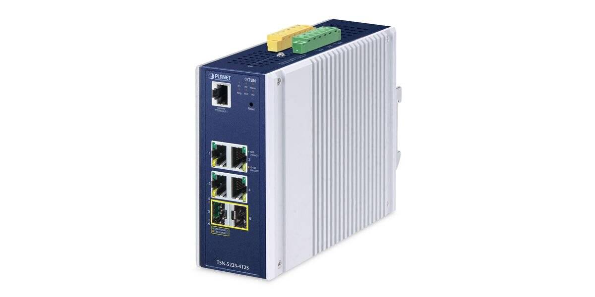Ethernet-Industrie-Switch mit acht Netzwerkanschlüssen auf der Vorderseite und Stromkonnektoren oben, dargestellt in einem kompakten Metallgehäuse.