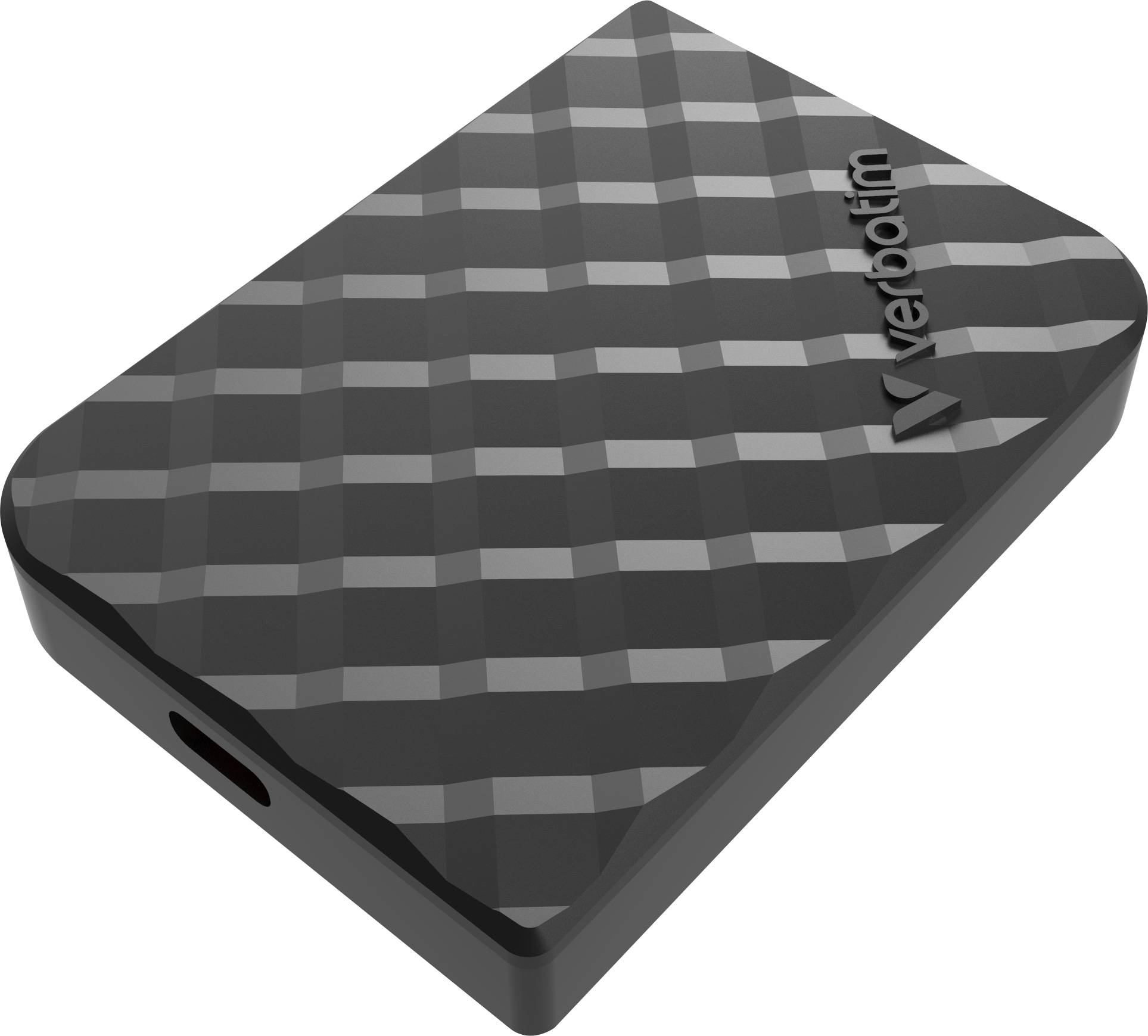 Tragbare externe Festplatte von Verbatim mit schwarzem Kohlefaser-Muster, in schräger Perspektive mit sichtbarem USB-Anschluss dargestellt.