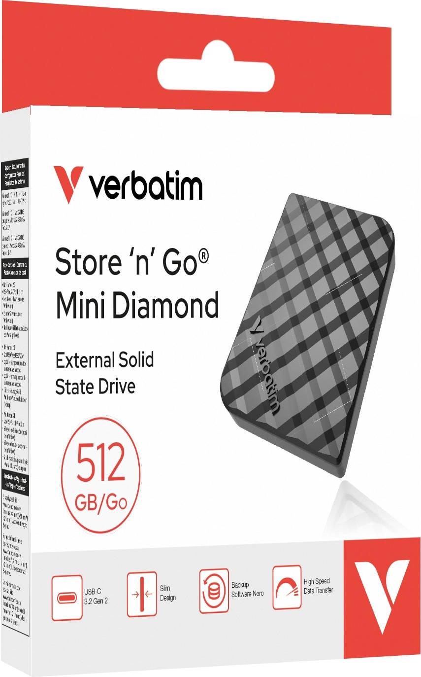 Verbatim Store 'n' Go Mini Diamond externe Solid-State-Drive-Box, 512 GB, mit schwarzem diamantgemustertem tragbarem SSD-Bild.