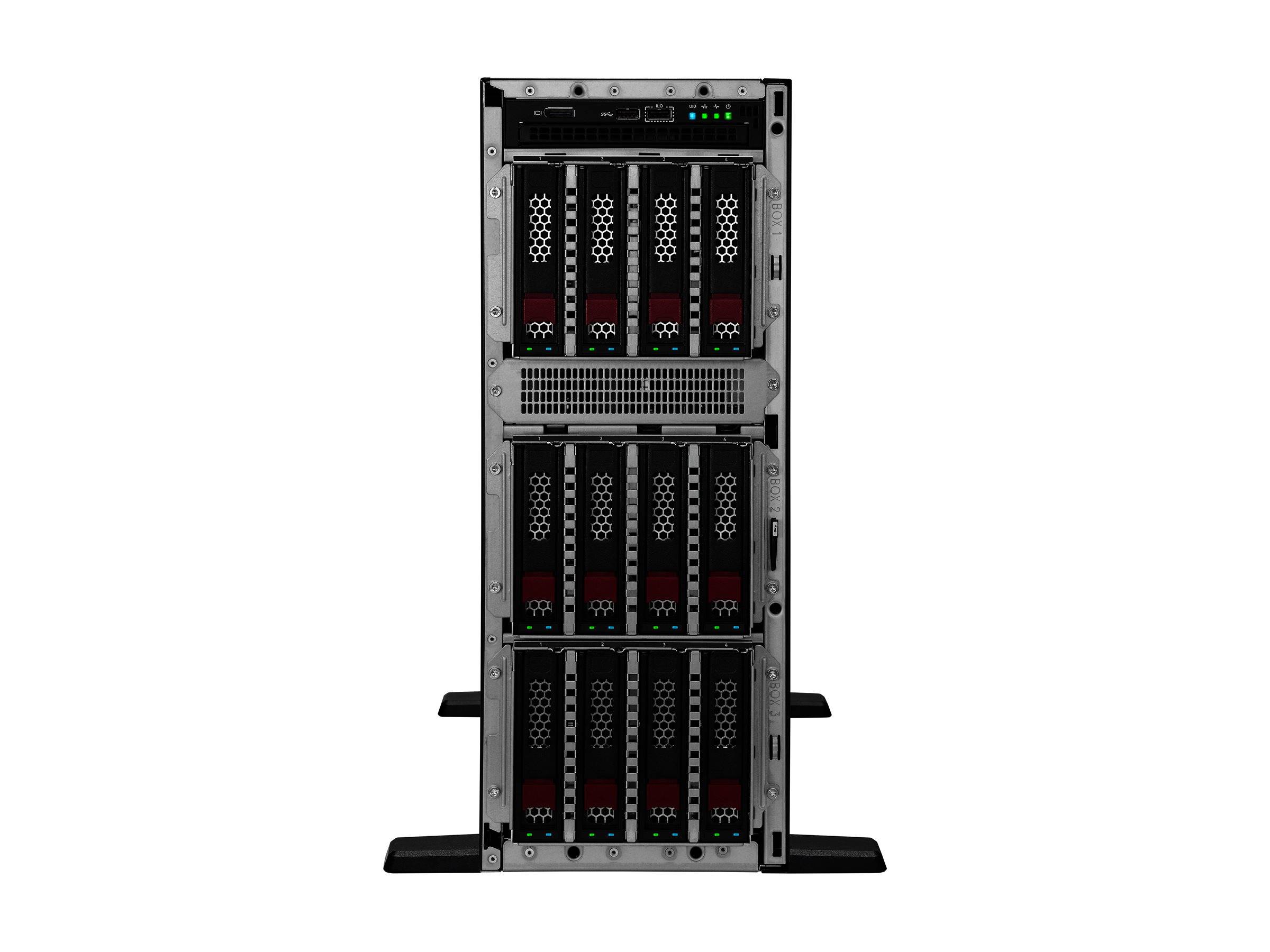 Ein schwarzer Server-Tower mit mehreren rotumrandeten Laufwerkschächten, LED-Anzeigen und Kühlschlitzen am Frontpanel, der vertikal aufgestellt ist.
