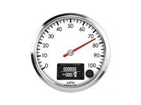 Ein runder Tachometer mit einer roten Nadel, die 70 mph anzeigt, mit einem Kilometerzähler, der '000002' anzeigt und Geschwindigkeit sowie Kilometerstand wiedergibt.