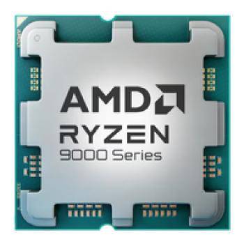 Ein silberner Chip mit der Aufschrift 'AMD RYZEN 9000 Series', der einen Computerprozessor symbolisiert, vor einem grün-blauen Schaltkreishintergrund.