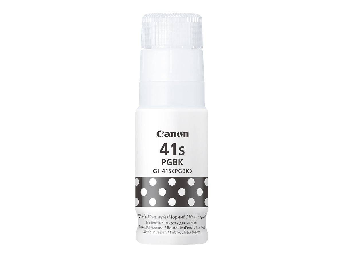 Canon GI-41S PG schwarze Tintenflasche mit weißem Deckel und Pünktchenband, beschriftet mit „Canon 41s PG BK