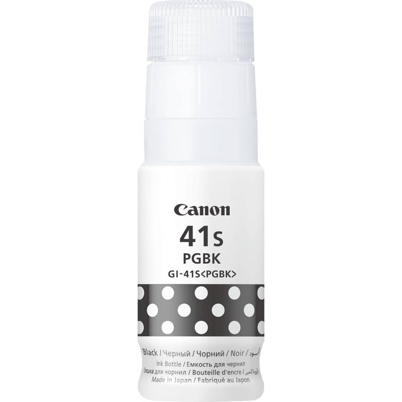 Canon 41s PGBK GI-41S schwarze Tintenflasche mit Punktmuster-Etikett auf schwarzem Hintergrund.