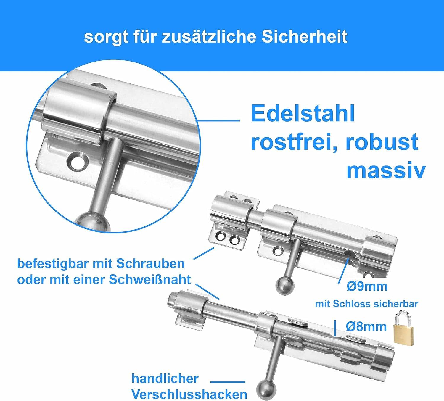 Massiver Edelstahl Bolzenriegel Riegel Türriegel Sicherheitsriegel anschweißen Anschrauben