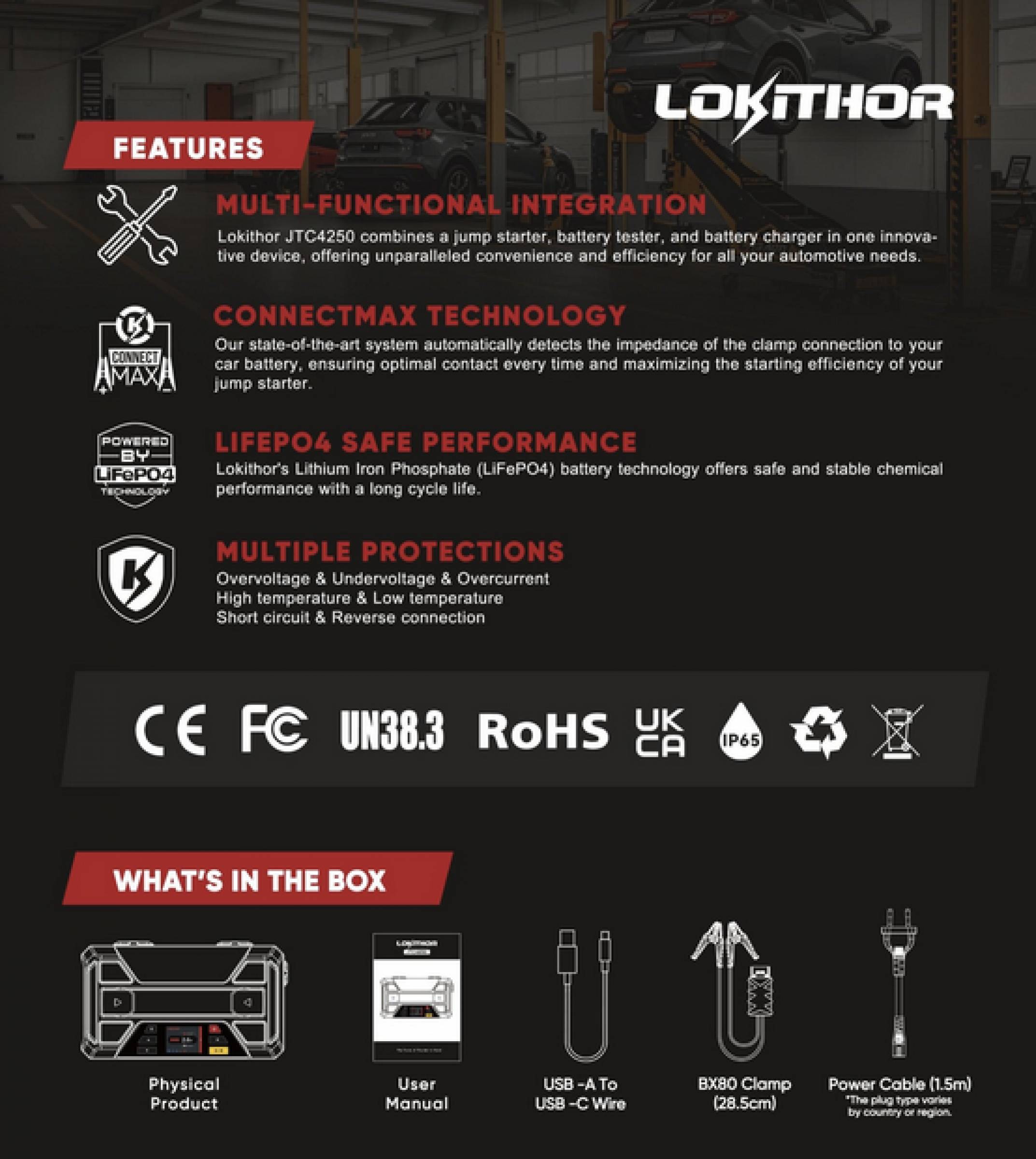 Lokithor JTC4250 3in1 Jumpstarter "The One" 4250A Jumpstarter & KFZ Ladegerät & Batteriediagnose