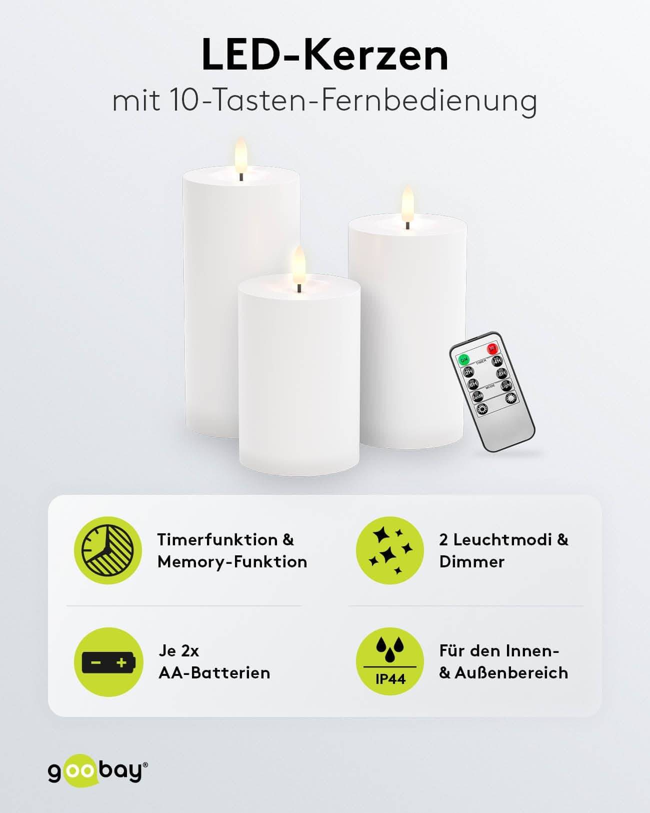 Drei weiße LED-Kerzen mit Fernbedienung. Die Funktionen umfassen einen Timer, eine Speicherfunktion, zwei Leuchtmodi, einen Dimmer, jede Kerze benötigt zwei AA-Batterien und ist für den Innen- und Außenbereich geeignet, mit IP44-Schutzart.