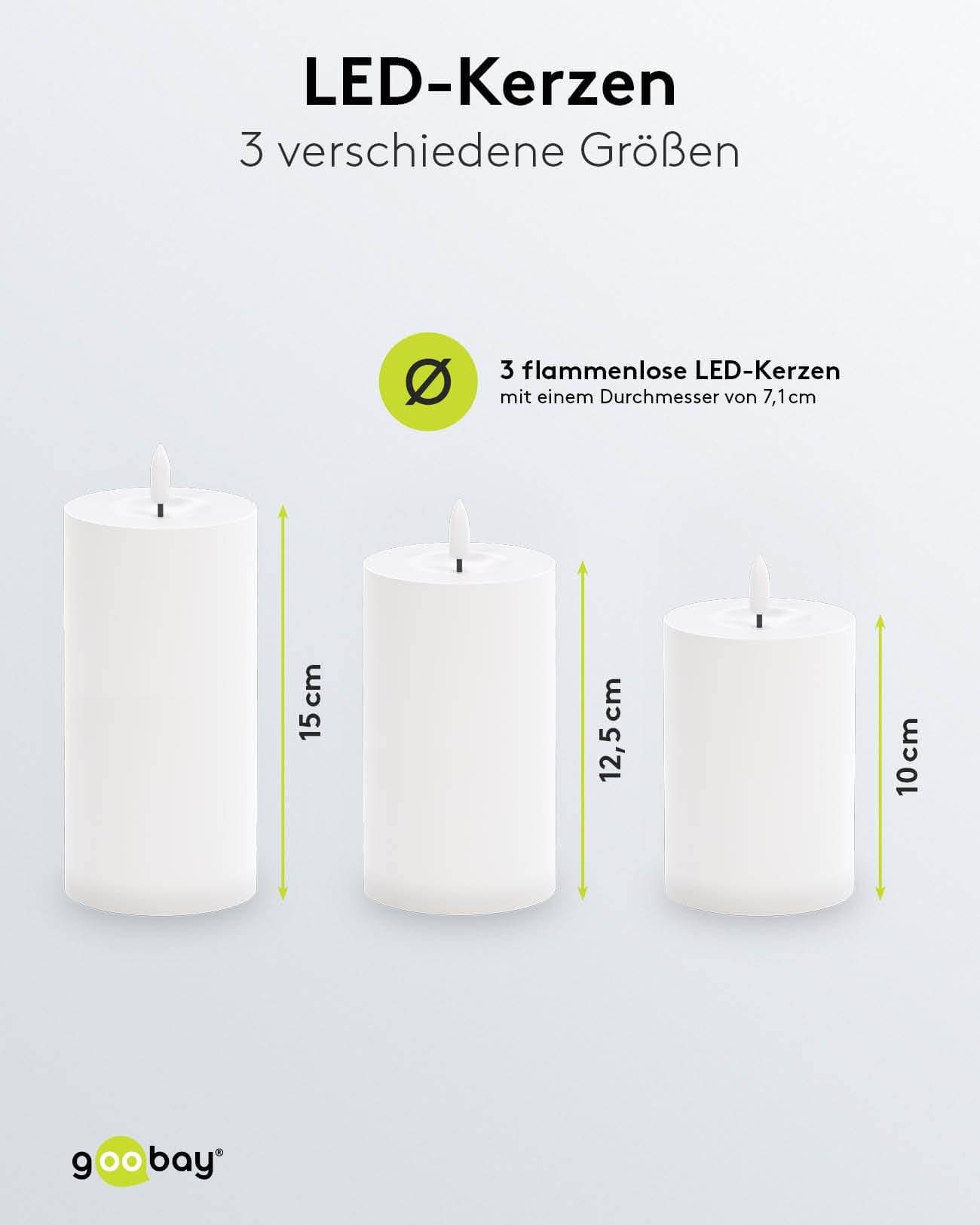 Drei flammenlose LED-Kerzen in verschiedenen Höhen: 15 cm, 12,5 cm und 10 cm, jeweils mit einem Durchmesser von 7,1 cm.