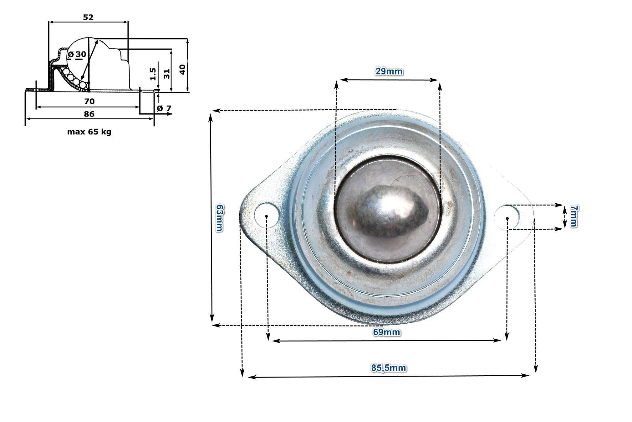 Kugelrolle C Rollenbahn Förderband Transportrolle Montagelöcher Stahl Verzinkt