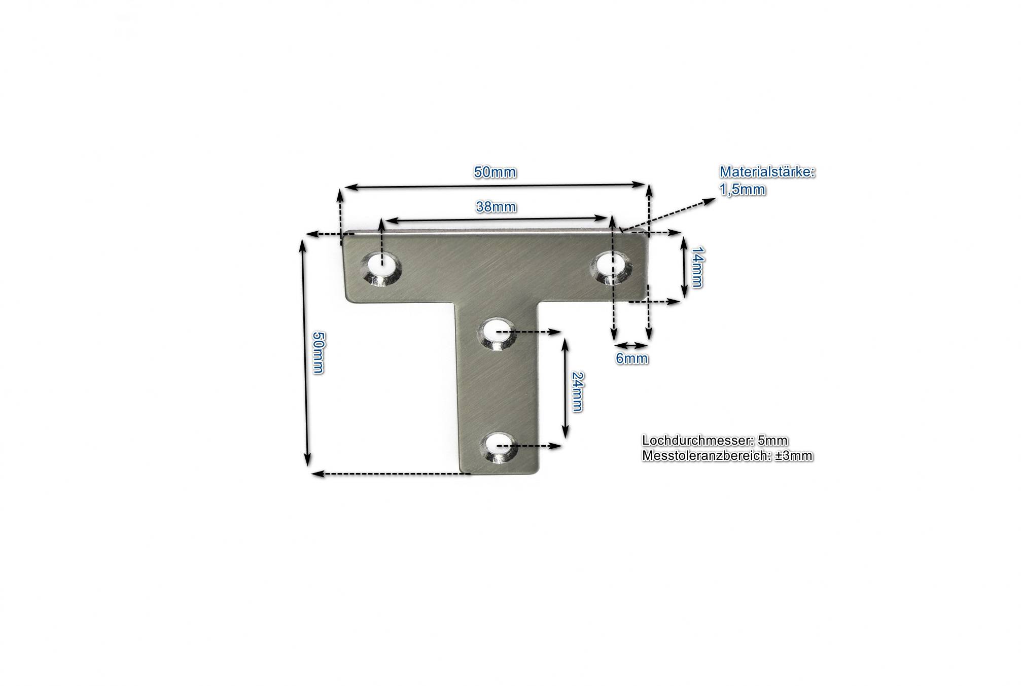 Edelstahl T-Verbinder 50x50x14mm (VE 10Stk) 1x einsetzbar als Lochwinkel, Metallwinkel, Balkenwinkel, Verbinder, Winkelverbinder