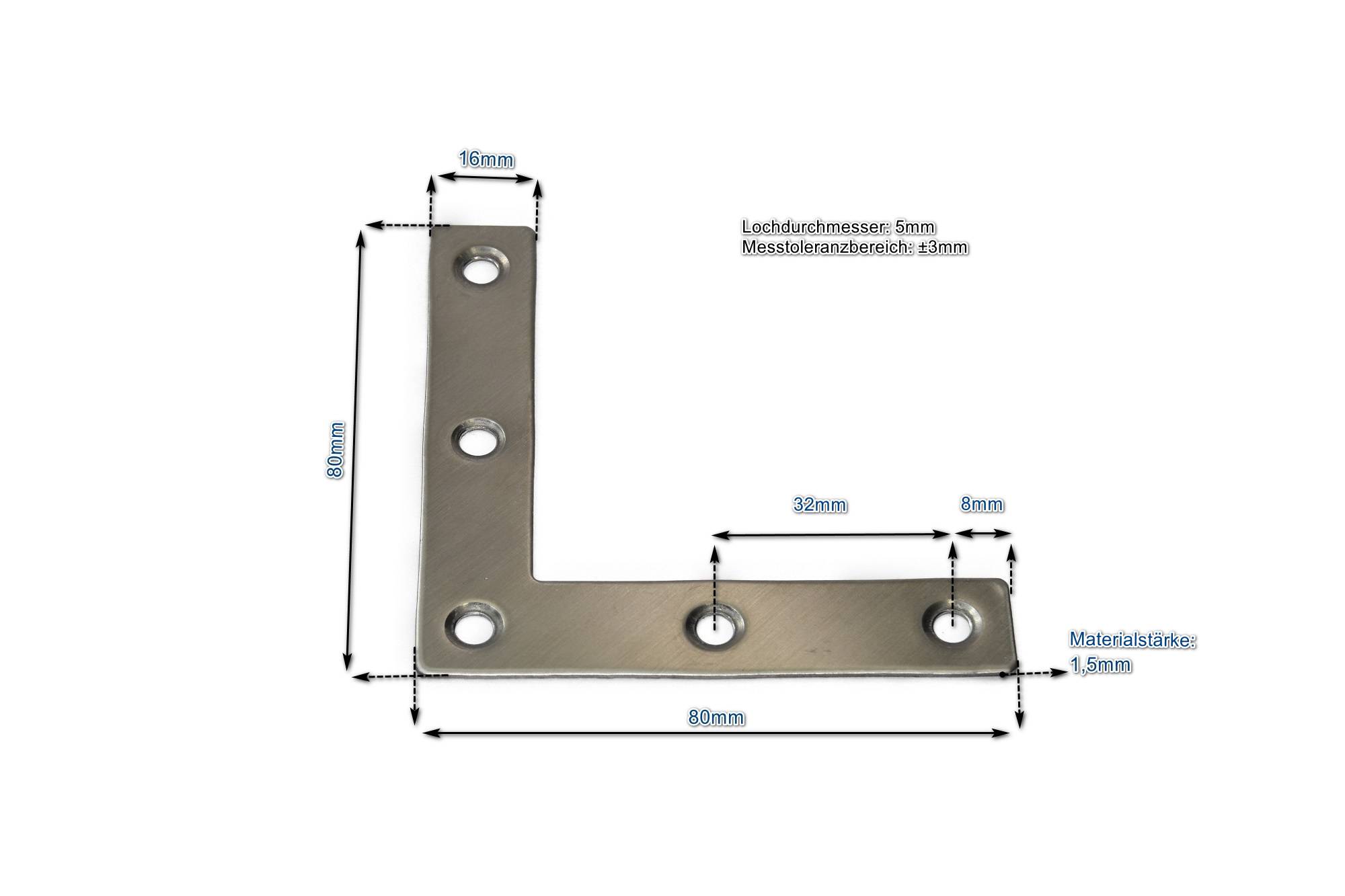 Edelstahl L-Verbinder 80x80x16mm (VE 10Stk) 1x einsetzbar als Lochwinkel, Metallwinkel, Balkenwinkel, Verbinder, Winkelverbinder