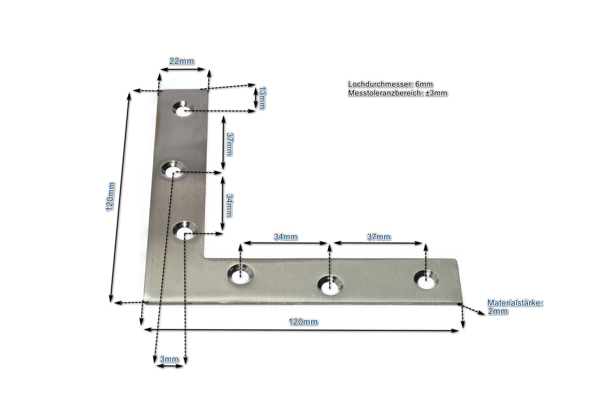 Edelstahl L-Verbinder 120x120x22mm (VE 1Stk) 3x einsetzbar als Lochwinkel, Metallwinkel, Balkenwinkel, Verbinder, Winkelverbinder