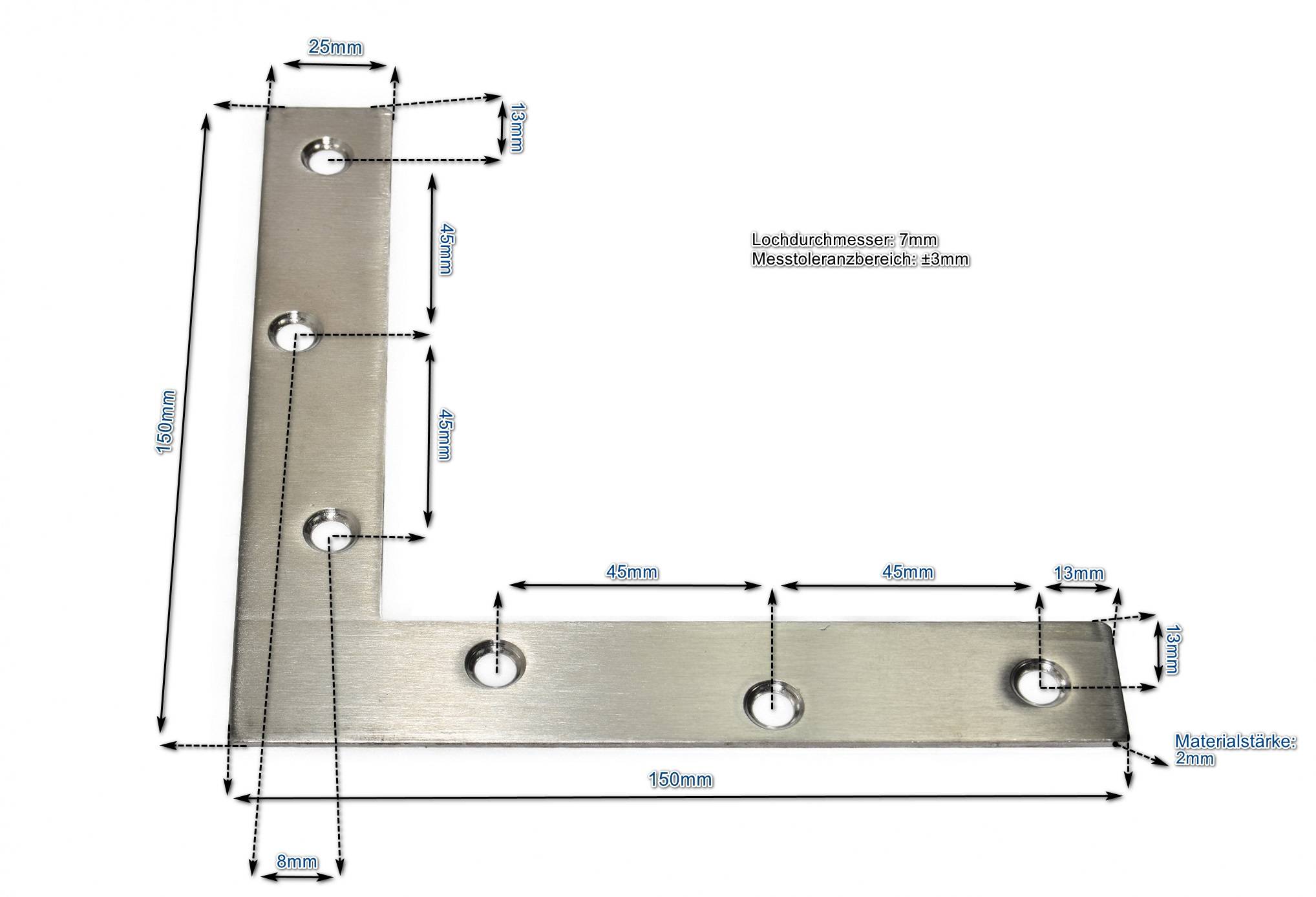 Edelstahl L-Verbinder 150x150x25mm (VE 1Stk) 1x einsetzbar als Lochwinkel, Metallwinkel, Balkenwinkel, Verbinder, Winkelverbinder