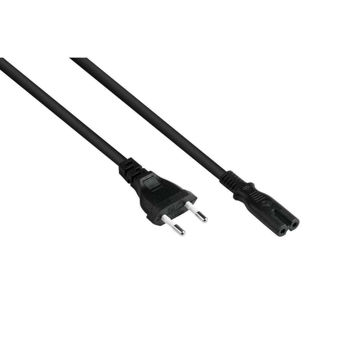 Ein schwarzes Netzkabel mit einem zweiphasigen Stecker auf der einen Seite und einer zweiadrigen Buchse auf der anderen Seite, das zum Anschluss elektronischer Geräte verwendet wird.