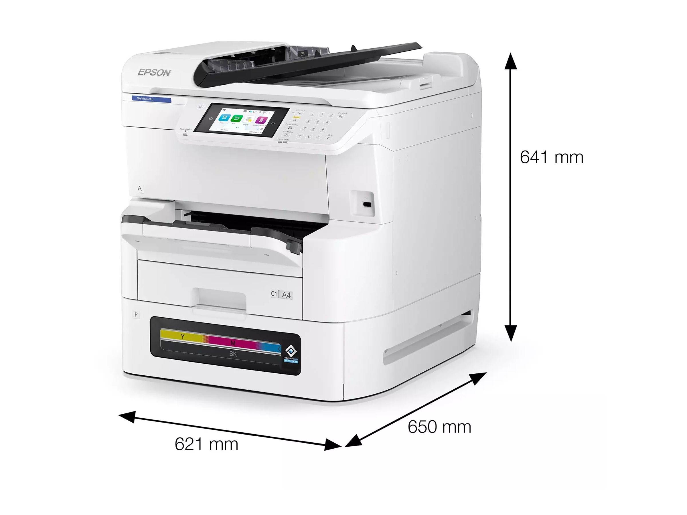 Produktabbildung eines weißen Epson-Multifunktionsdruckers, dargestellt mit beschrifteten Abmessungen von 621 mm Breite, 650 mm Tiefe und 641 mm Höhe.