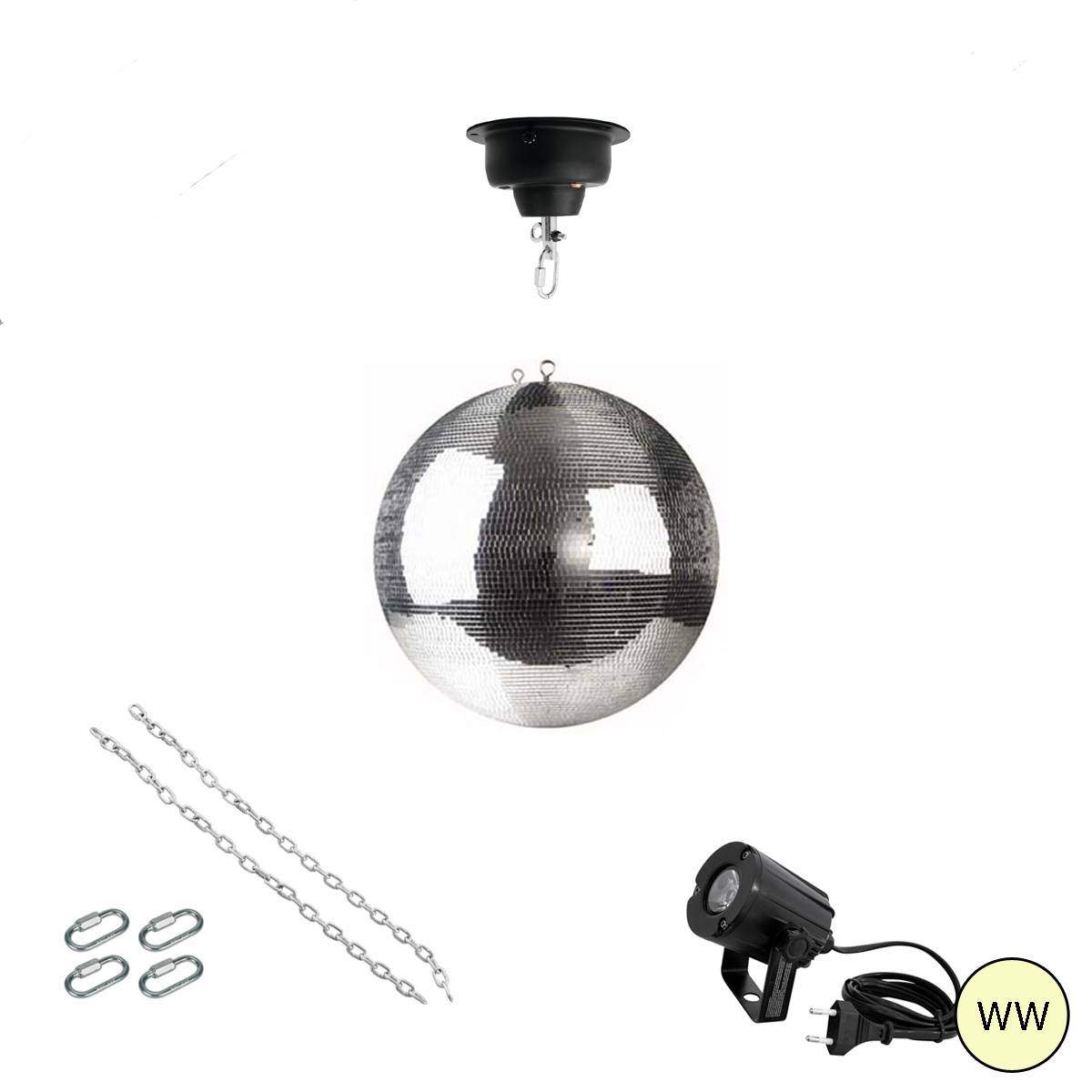 Spiegelkugel Komplettset 30cm Discokugel mit Motor LED Pinspot (warmweiss) PROFI