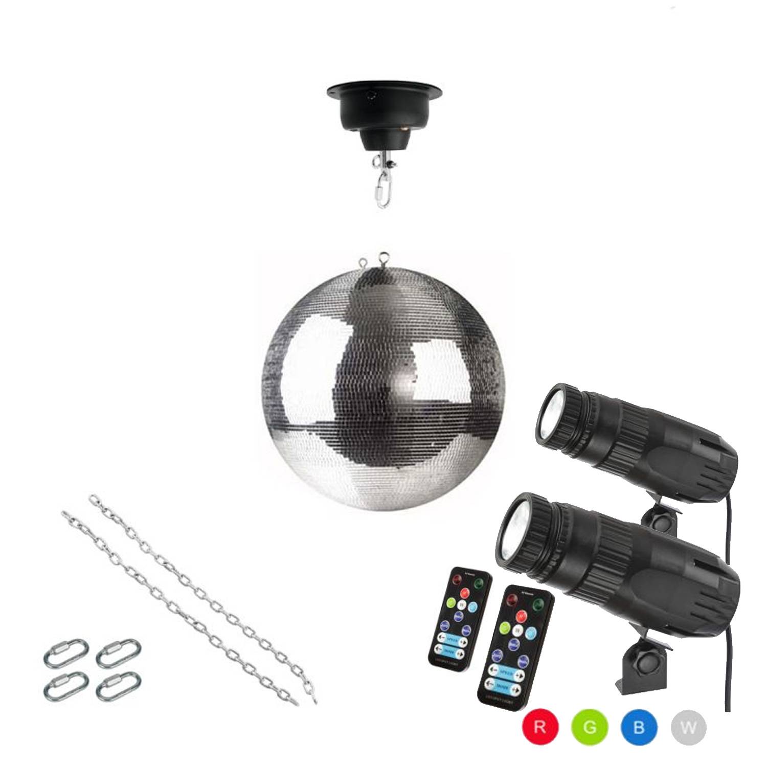 Spiegelkugel Komplettset 30cm Discokugel mit Motor 2x 15W LED Pinspot (RGBW)