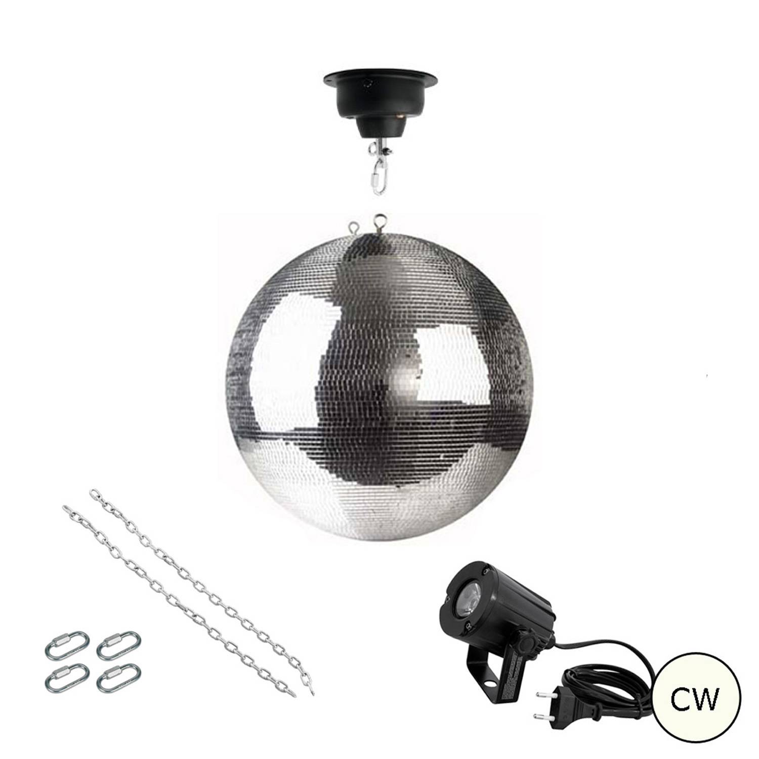 Eine silberne Discokugel mit einer Deckenhalterung, Ketten und einem Scheinwerfer.