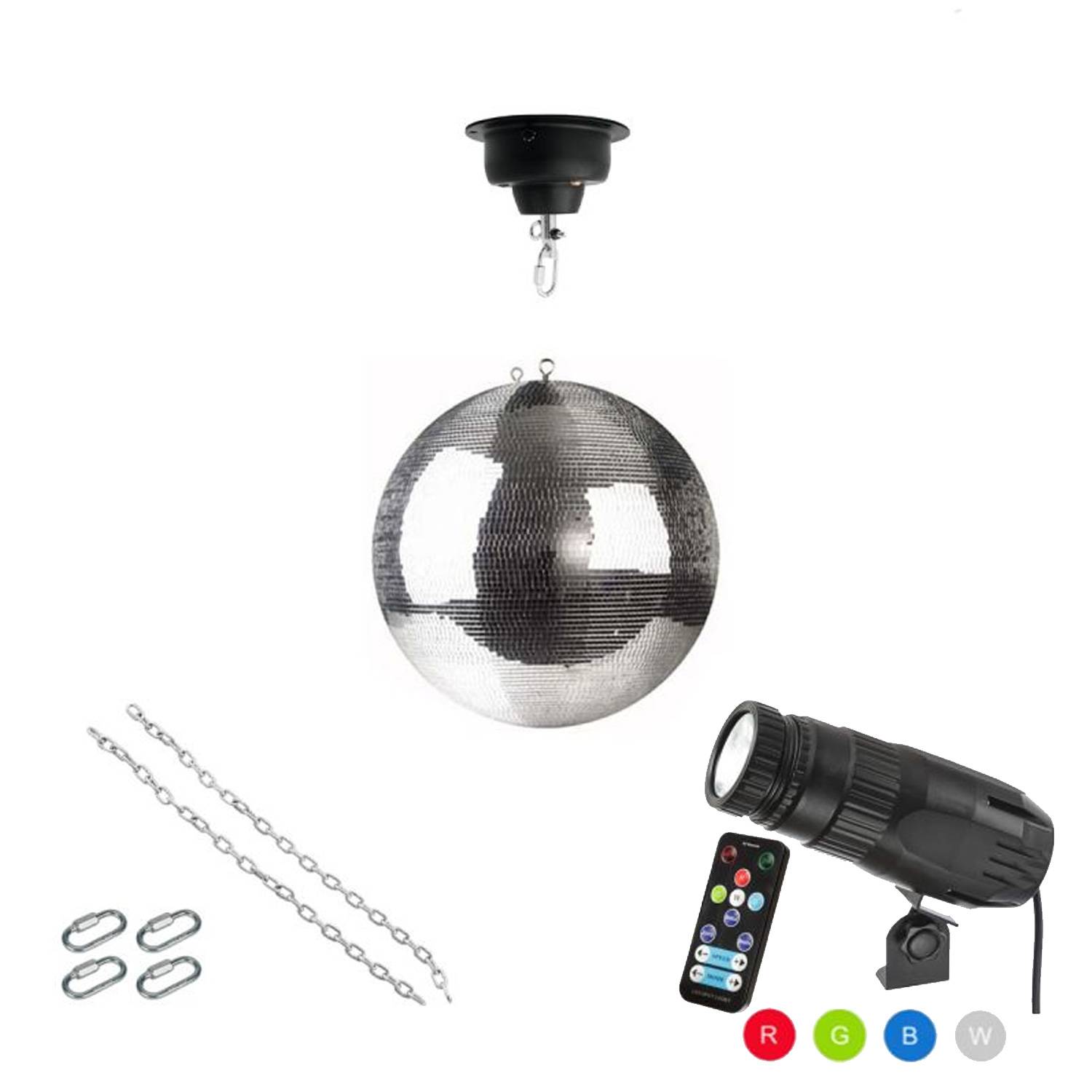 Spiegelkugel Komplettset 30cm Discokugel mit Motor 15W LED Pinspot (RGBW)