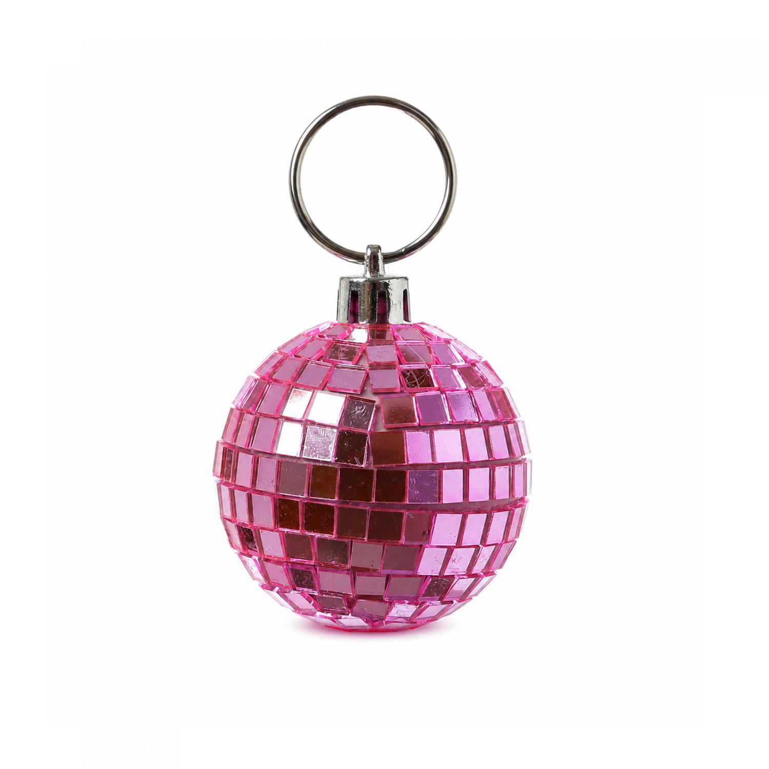 Rosa verspiegelter Discokugel-Schlüsselanhänger mit Metallring, isoliert auf weißem Hintergrund.