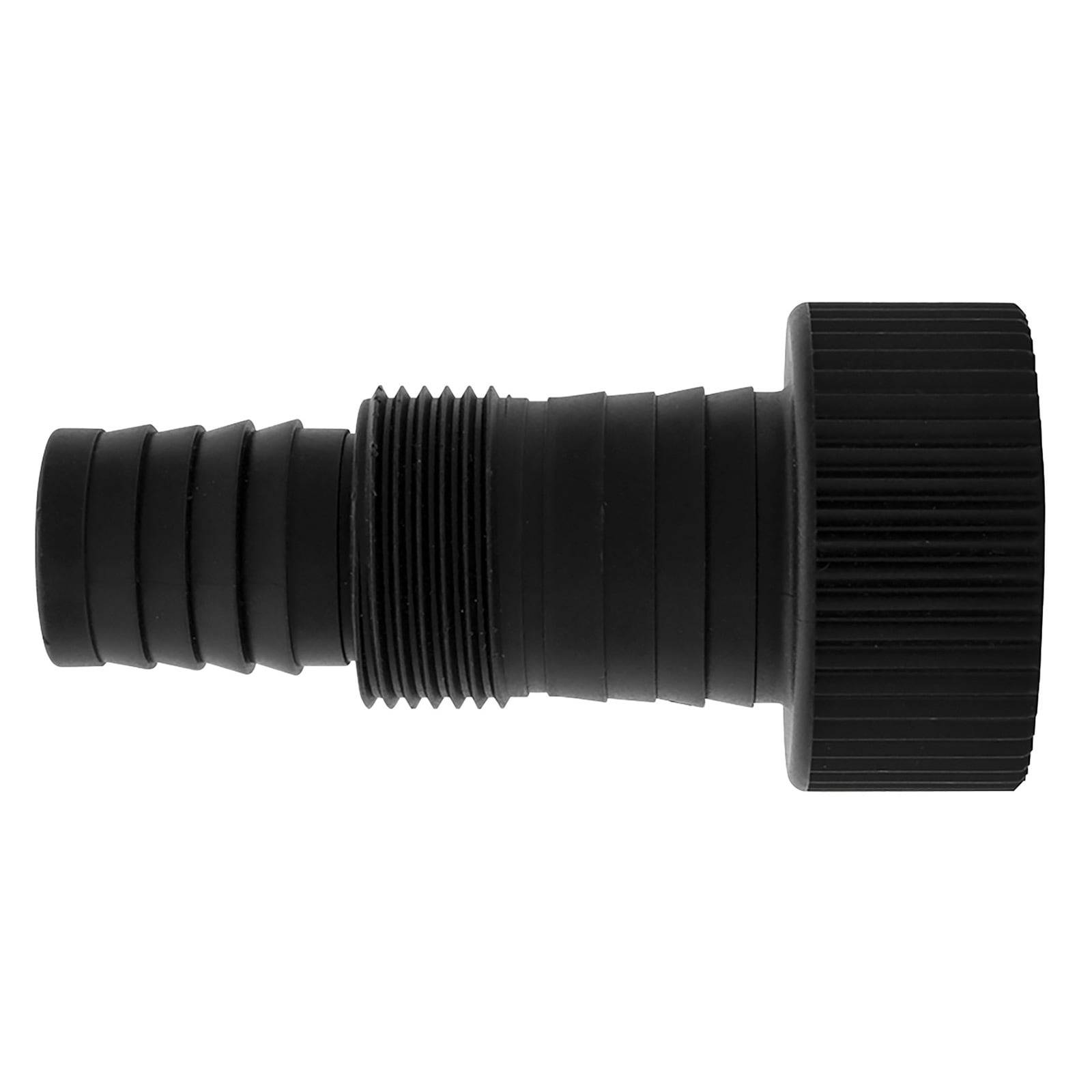 Ein schwarzer Kunststoff-Schlauchverbinder mit Gewinde und gerippter Struktur für sichere Befestigung.