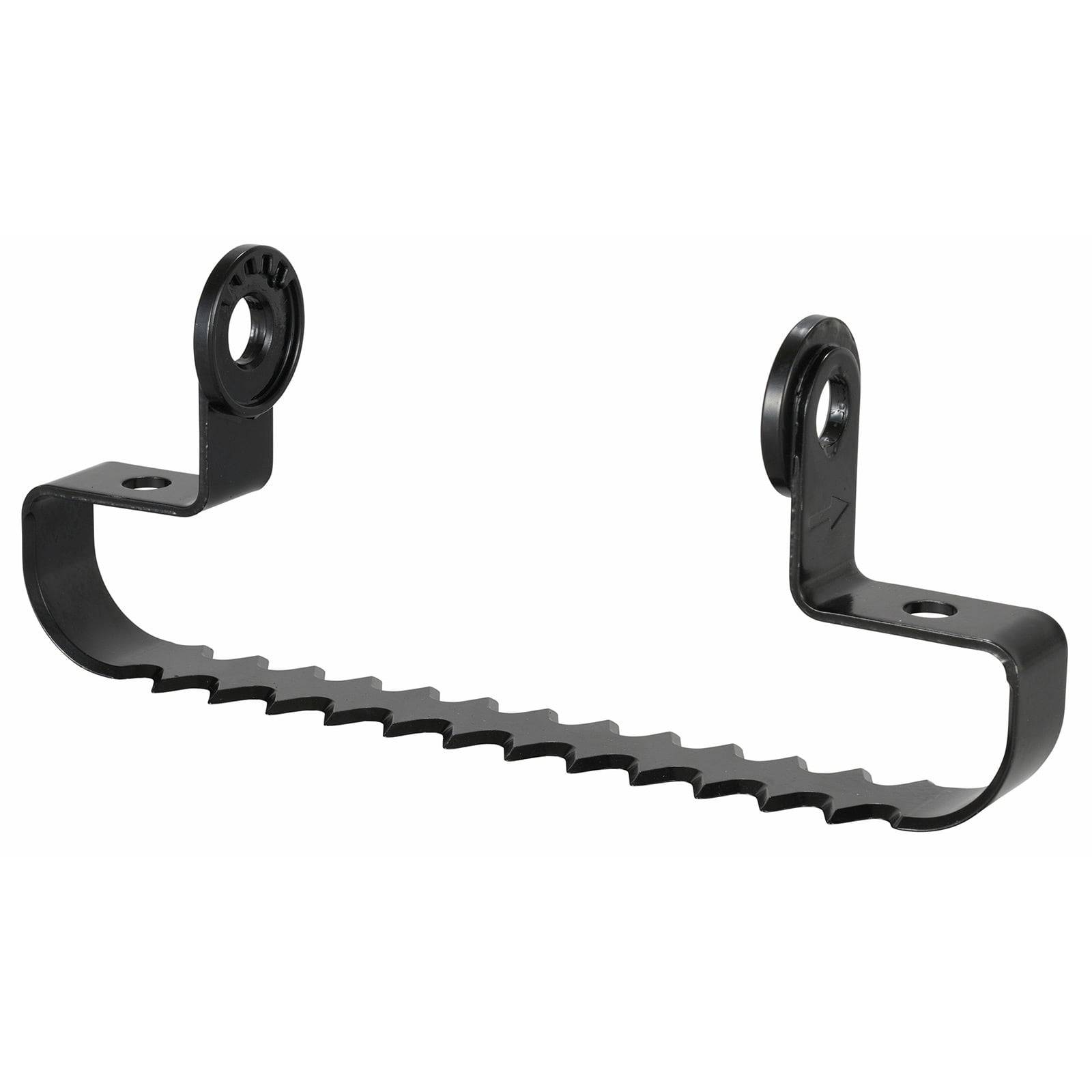 Eine schwarze Metallhalterung mit gezackten Kanten, die an jedem Ende zwei Befestigungslöcher zur Anbringung aufweist.
