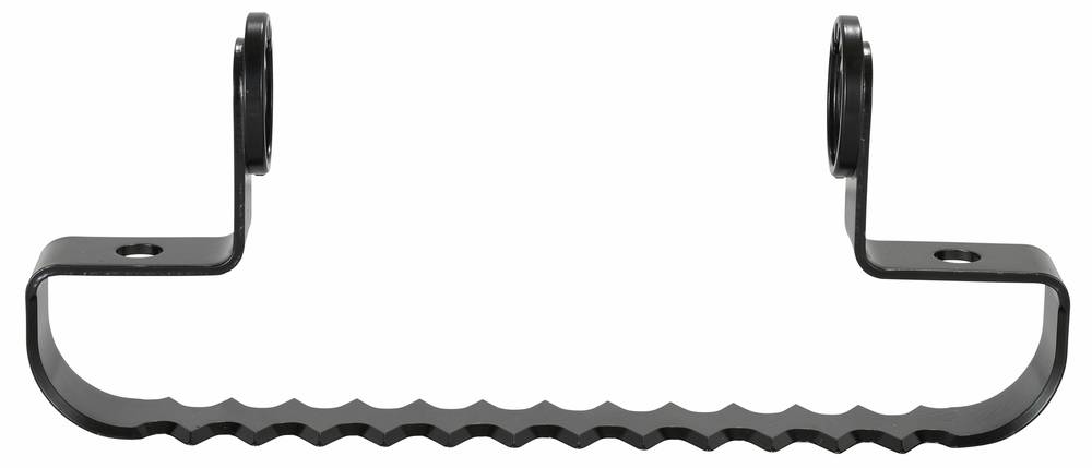 Schwarze Metallklemme mit zwei aufrechten Enden und einer wellig gezackten unteren Kante, auf weißem Hintergrund dargestellt.