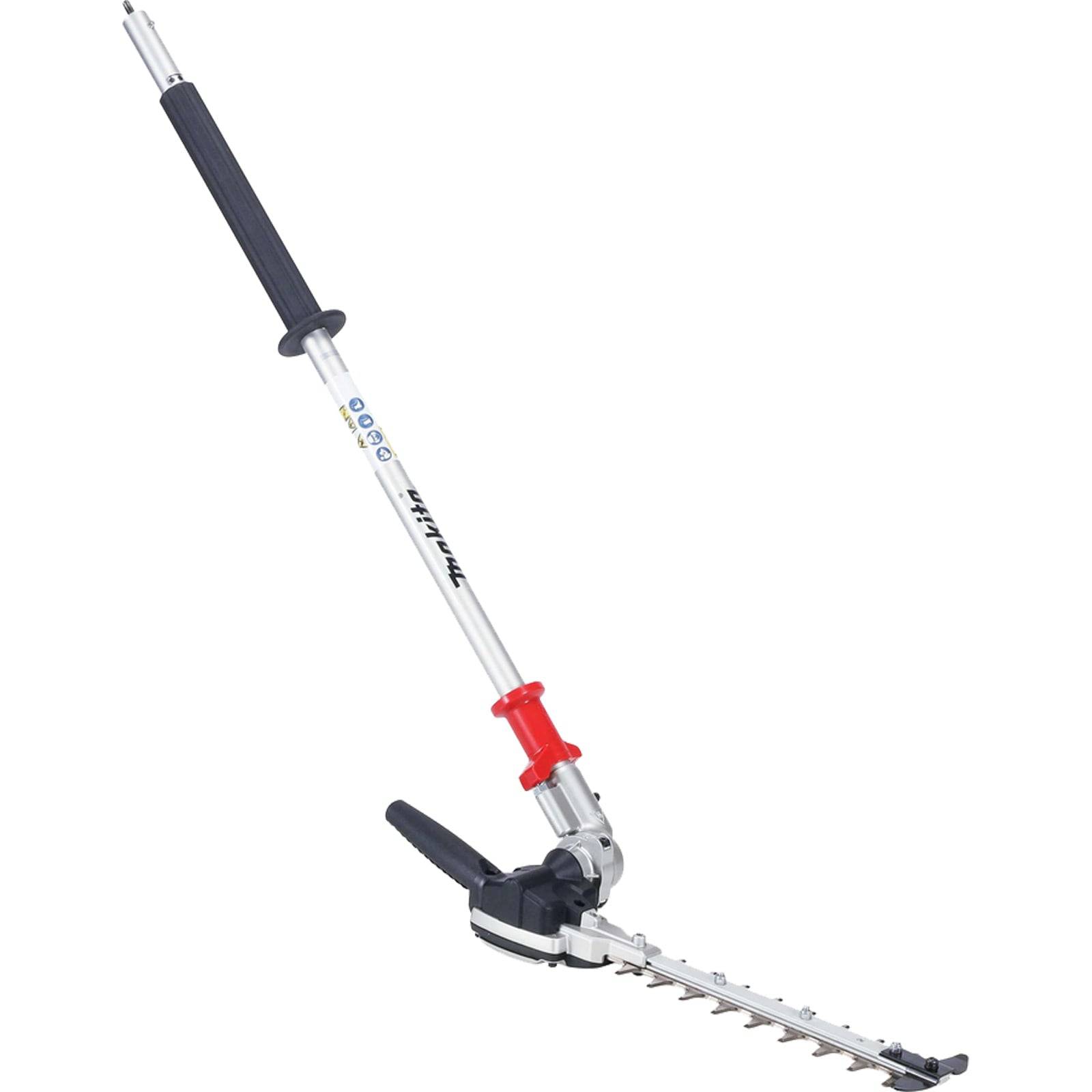 Ein Heckenschneider mit langem Griff und abgewinkelter Klinge, entwickelt zum Schneiden von hohen oder breiten Hecken. Der Griff verfügt über eine rot-schwarze Griffbeschichtung.