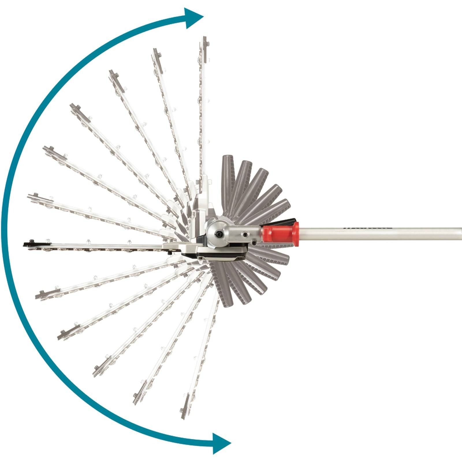 Heckenschneider-Aufsatz mit verstellbaren Klingenwinkeln, der vielseitige Schneidpositionen für das Erreichen verschiedener Heckenabschnitte demonstriert.