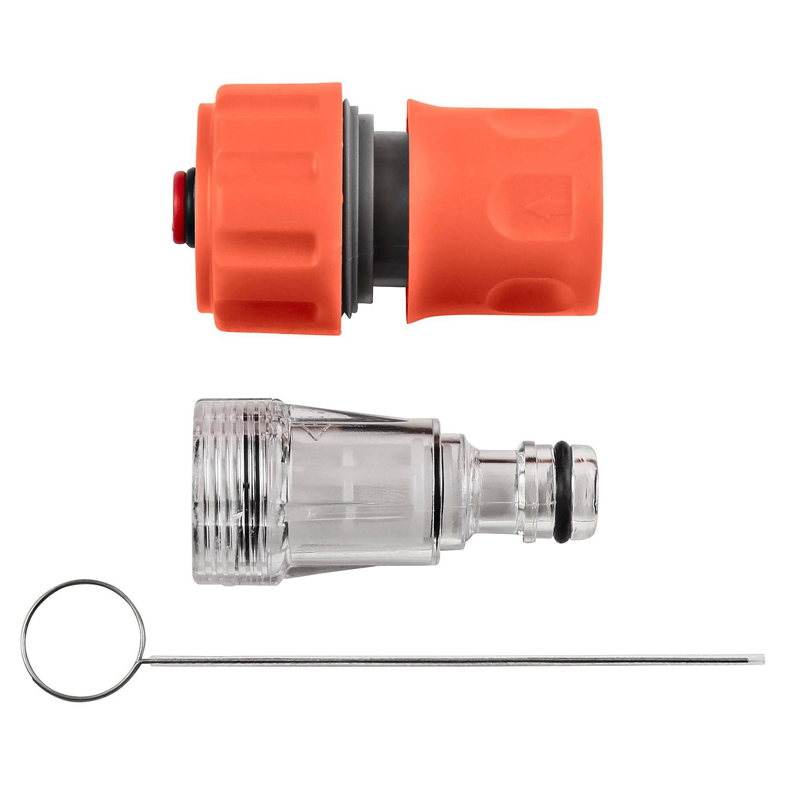 Ein orangefarbener Gartenschlauchanschluss mit einem transparenten Aufsatz und einer darunter angeordneten Metallstange.