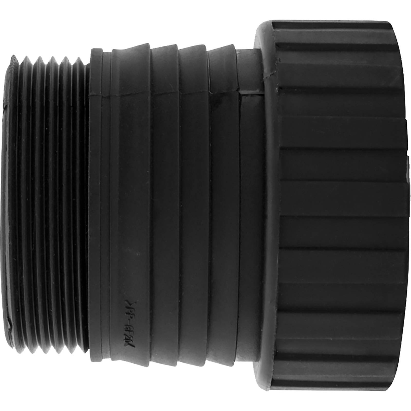 Ein schwarzer gerippter Plastikrohranschluss mit Gewindeende, der zum sicheren Verbinden zweier Rohrabschnitte konzipiert ist.