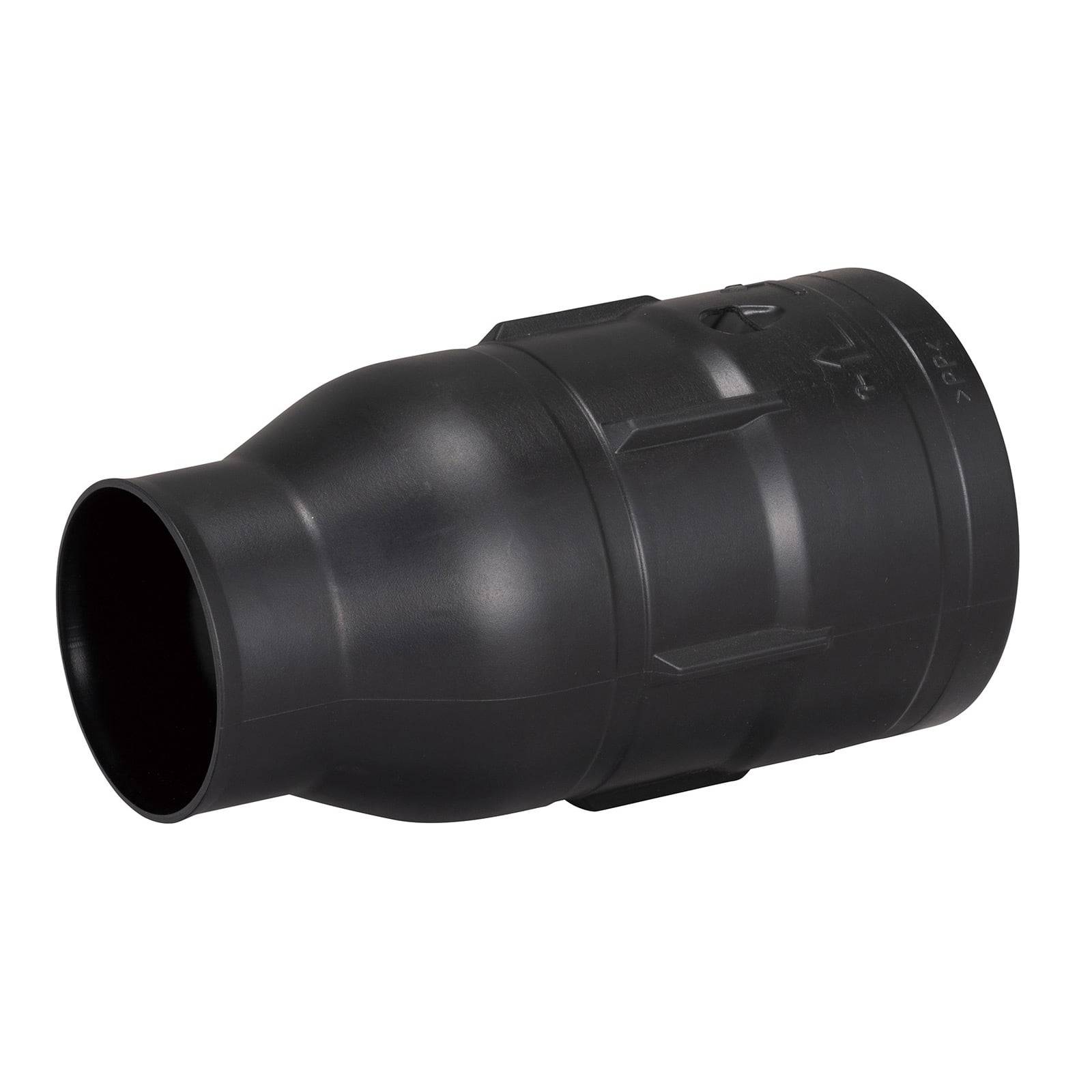 Ein schwarzer Kunststoff-Rohranschluss mit verjüngtem Ende und gerillter Außenseite, der zum Verbinden von Kunststoffrohren in der Sanitär- oder Baubranche verwendet wird.