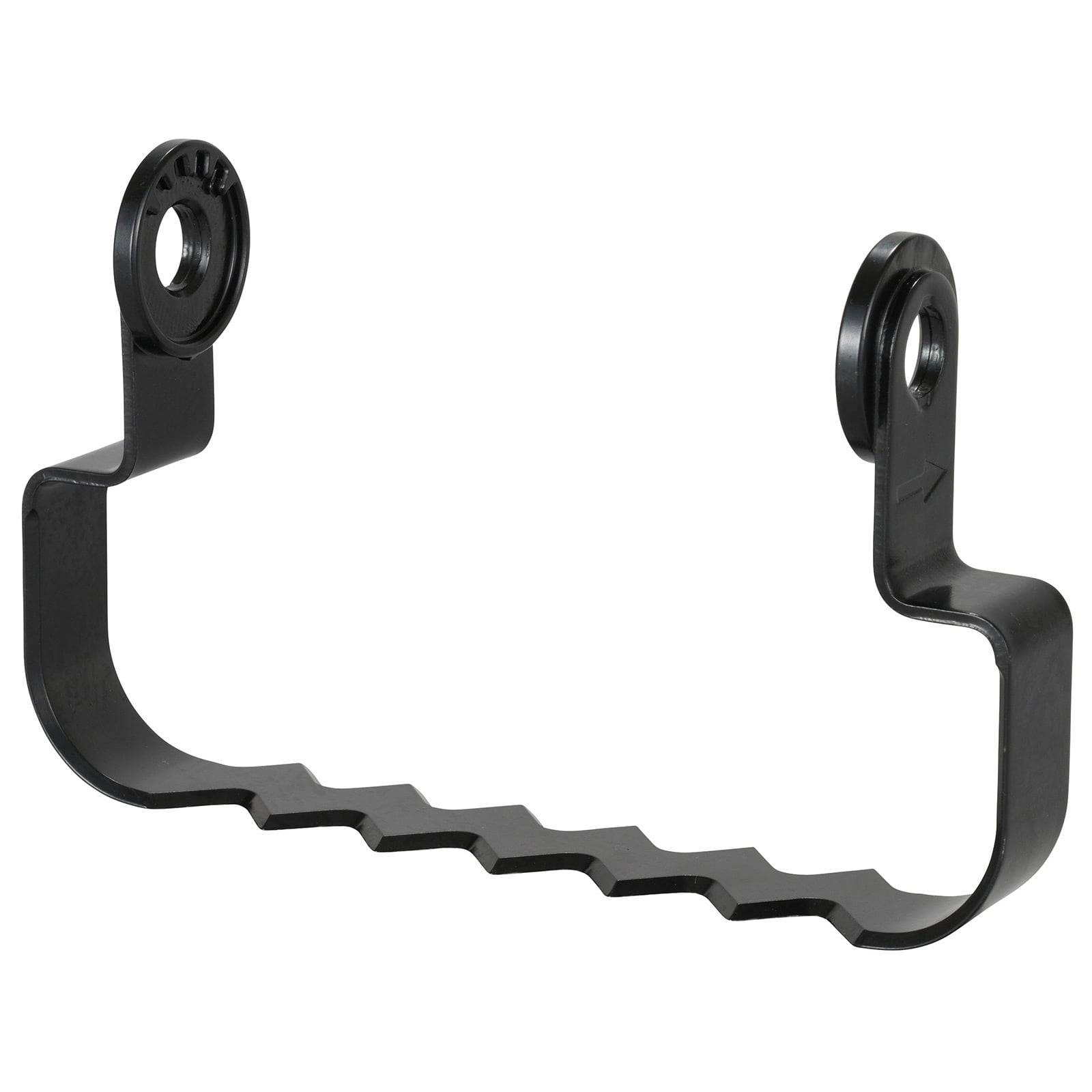 Eine schwarze Metallhalterung mit zwei Befestigungslöchern an jedem Ende und einem Zickzackmuster entlang der unteren Kante. Verwendet für Stütz- oder Installationszwecke.