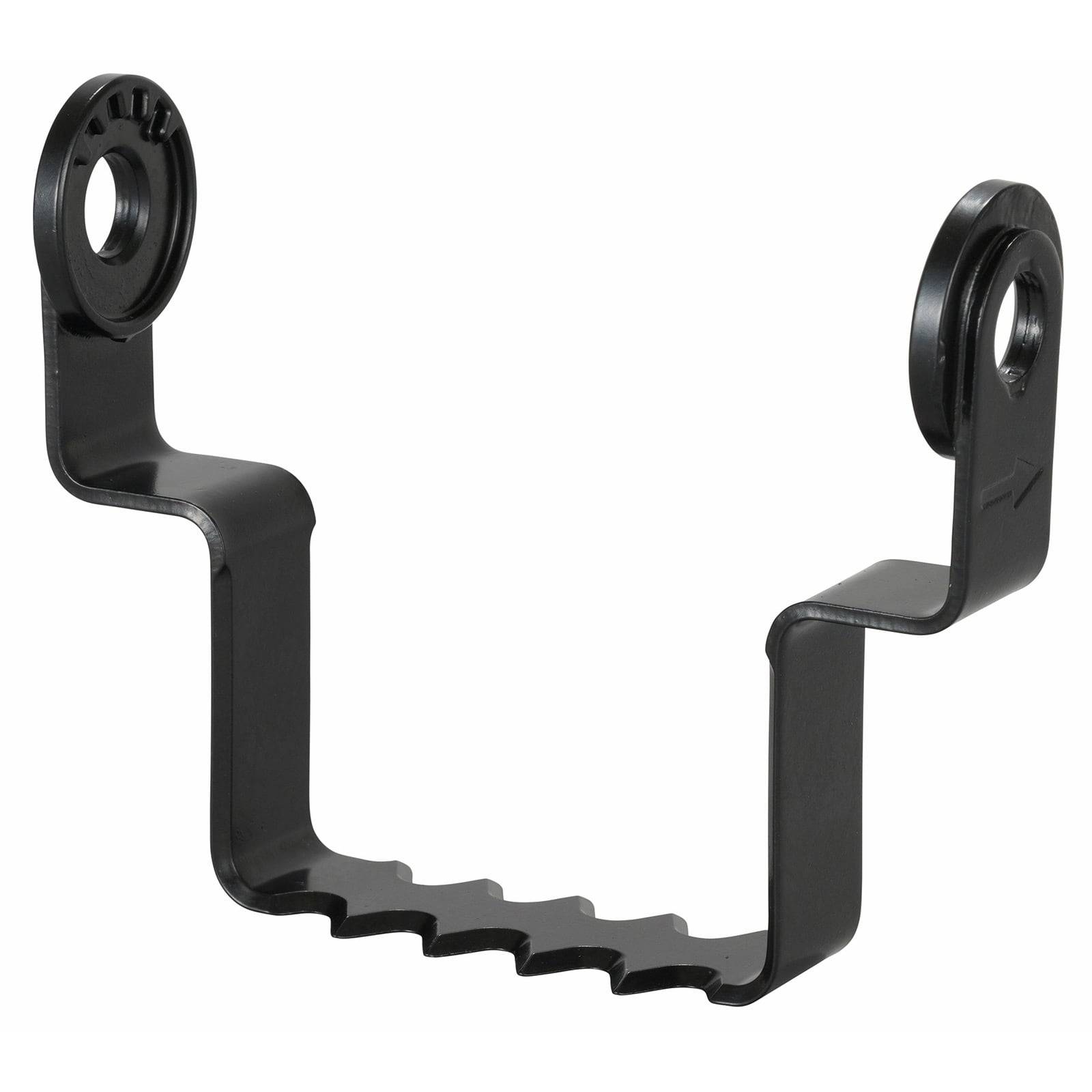 Eine schwarze, metallene Halterung mit Befestigungslöchern an jedem Ende, die zur Anbringung von Komponenten in Maschinen oder Fahrzeugen konzipiert ist.