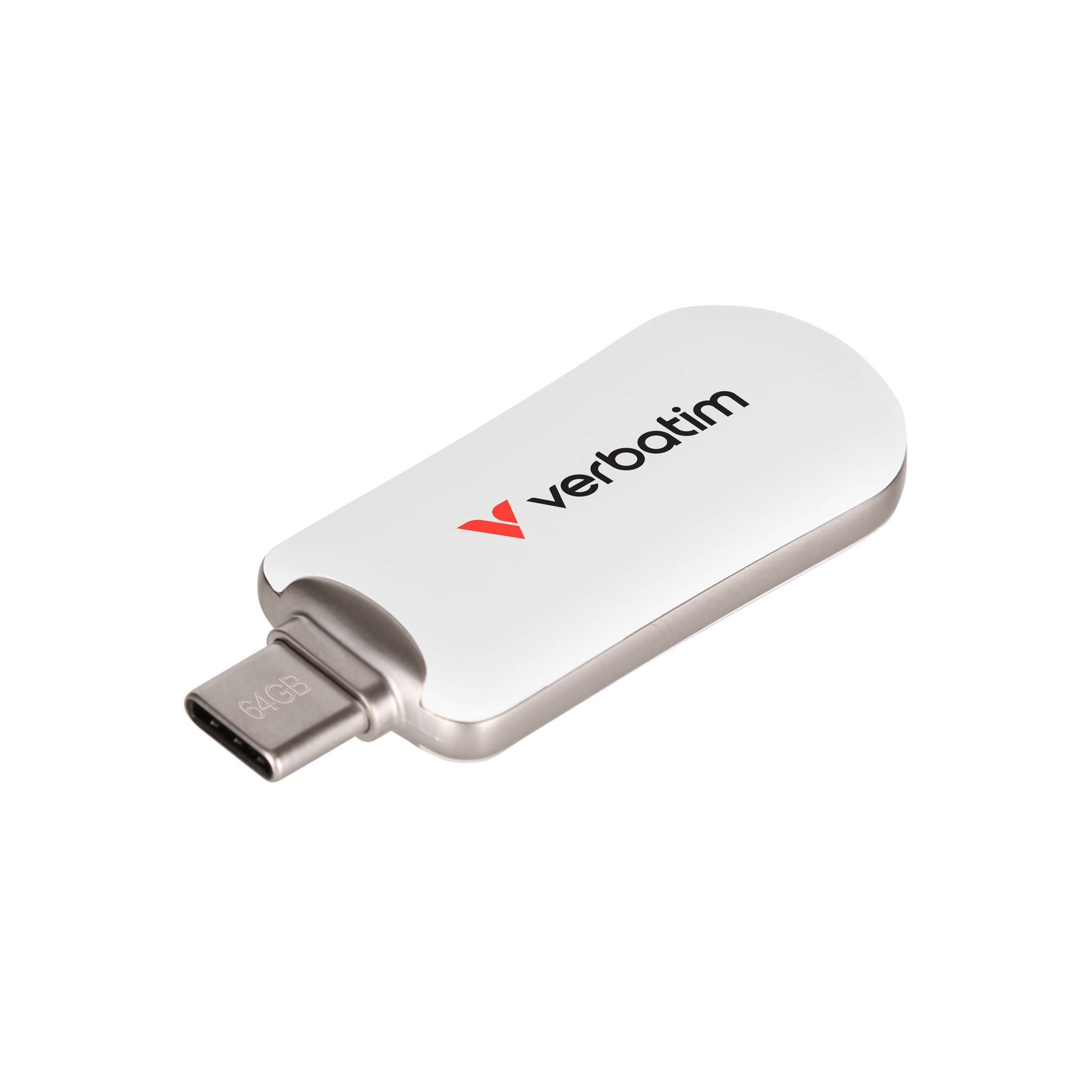 Weißes Verbatim 64GB USB-Speicherlaufwerk mit USB-C-Anschluss auf schwarzem Hintergrund.