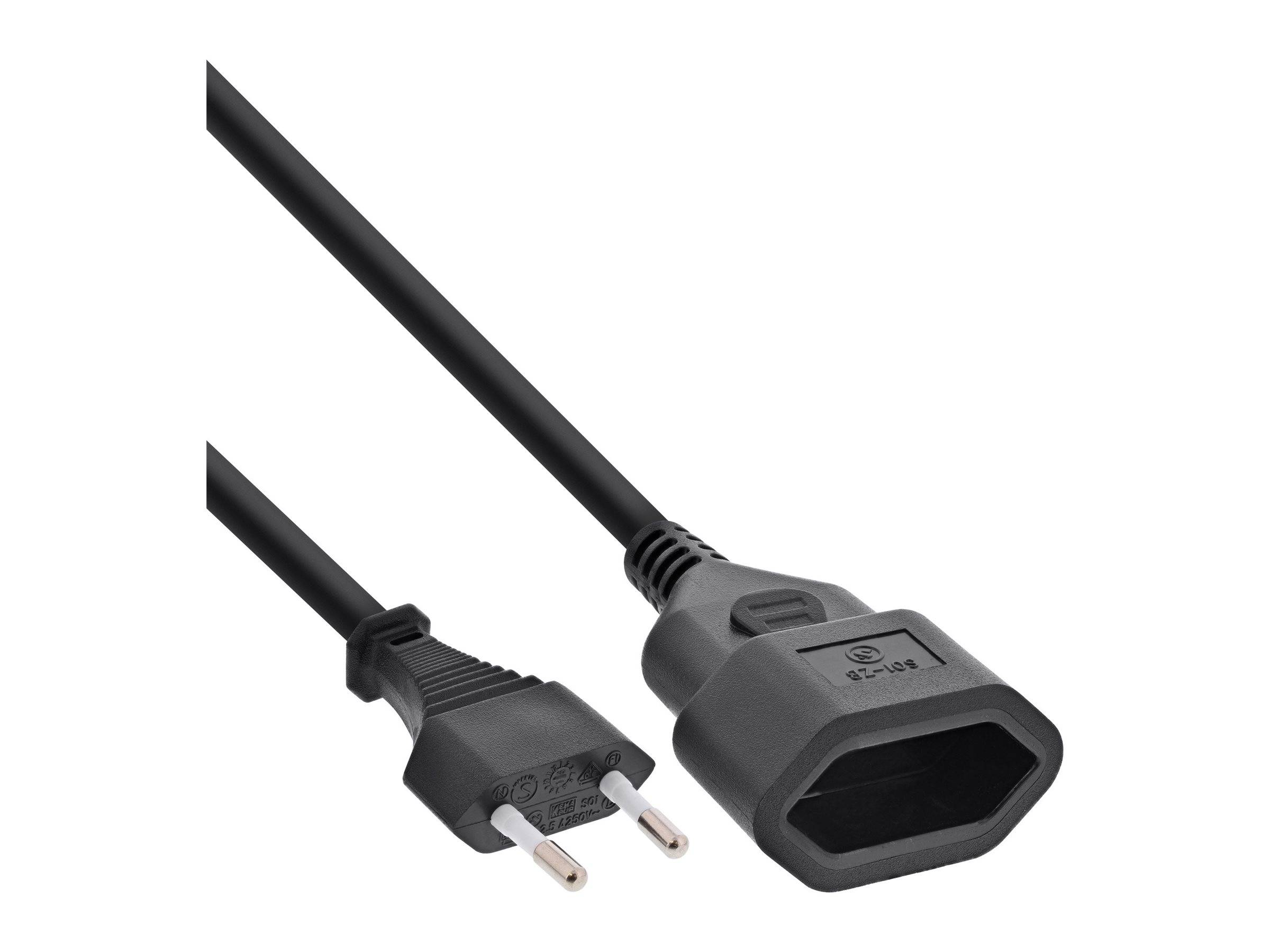 Ein schwarzes Netzkabel mit einem europäischen Stecker an einem Ende und einem C13-Anschluss am anderen Ende, das zum Anschluss elektronischer Geräte an eine Stromquelle verwendet wird.