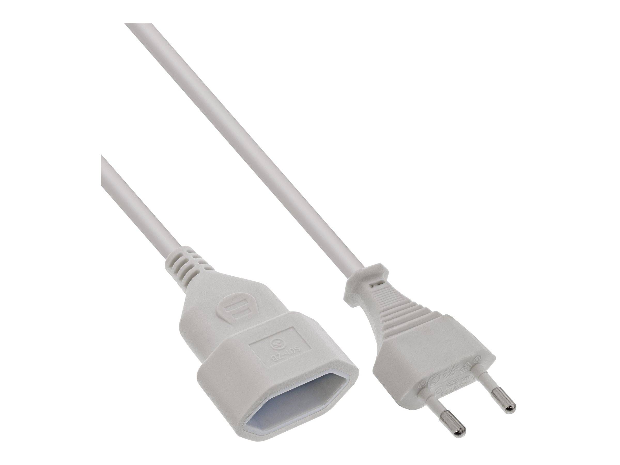 Ein weißes europäisches Netzkabel mit einer Steckdosenbuchse auf der einen und einem Zweipol-Stecker auf der anderen Seite, geeignet zum Anschluss von Geräten.